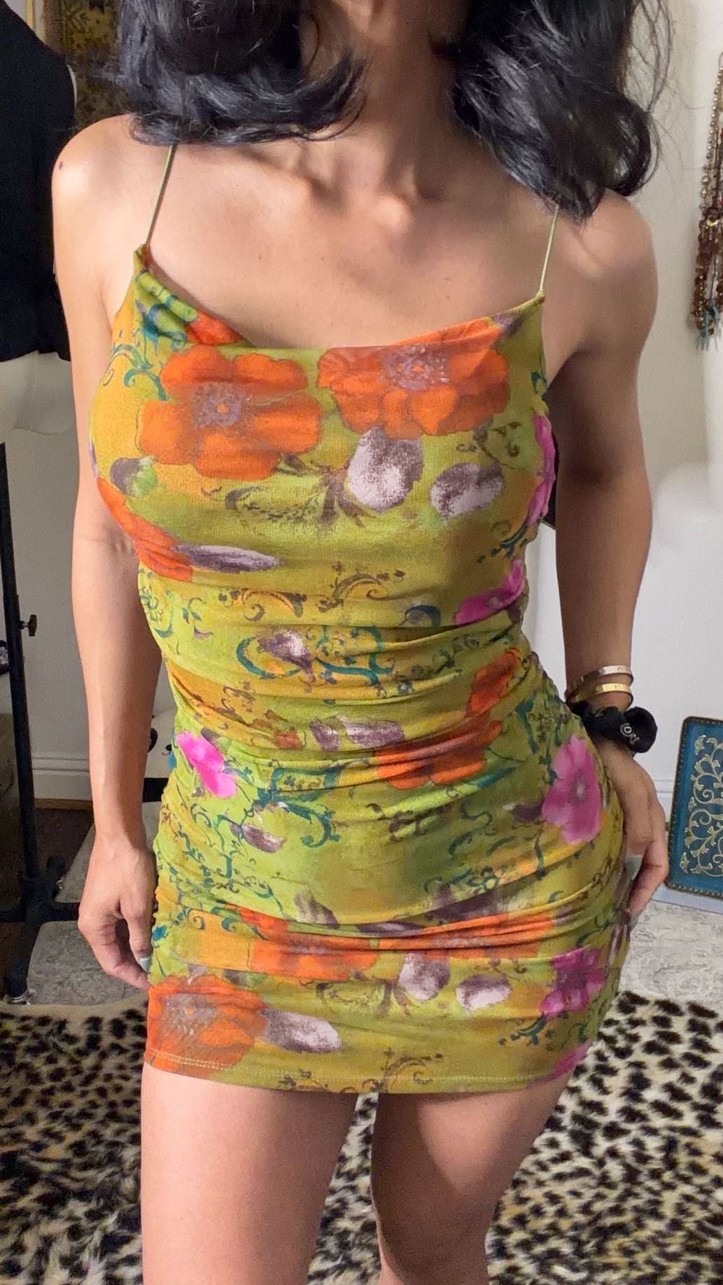 Green Floral Mesh Cowl Neck Ruched Mini Dress